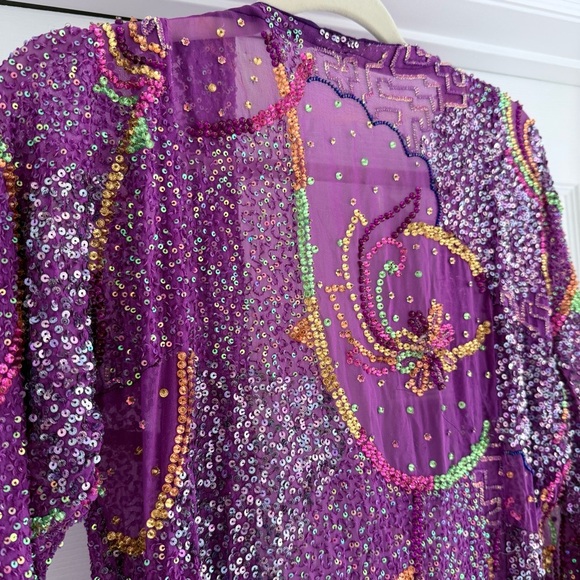 VINTAGE Hand Beaded Sequin Duster Coat Purple Sheer Maxi Evening Glam S/M - Picture 8 of 13
